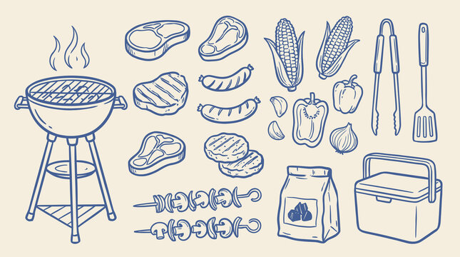 Detailed collection of barbecue grill food elements featuring hand drawn outline sketches and vector illustrations of steak, sausage, vegetables, and cooking tools for summer picnic party.