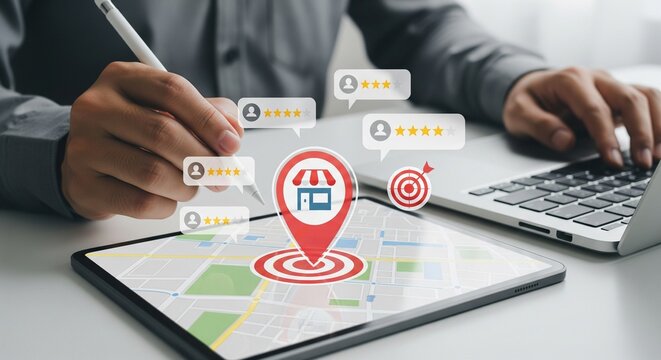 Business man using digital tablet to analyze store location and reviews