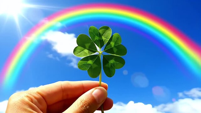 Delicate four-leaf clover held gently toward a vivid sky with a rainbow