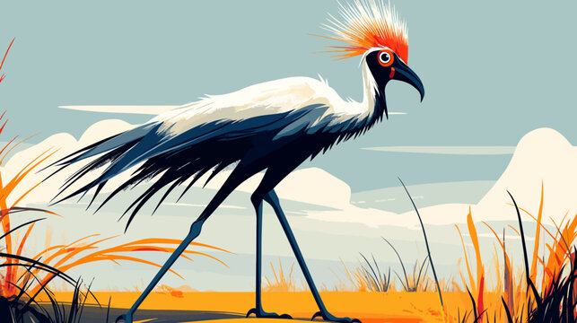 Tall abstract bird with red crest, black beak, red eye markings, white chest, black/blue wings, long legs, standing on yellow-orange ground, blue-green sky, abstract clouds, sparse vegetation