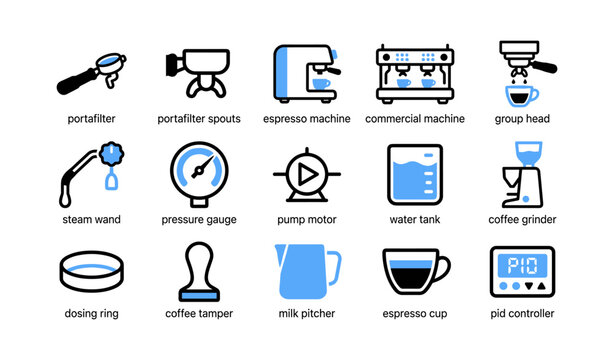 Espresso machine and coffee accessories icons on white background