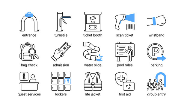 Park entrance and guest services icons for water attractions