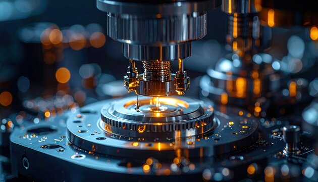 Intricate Electromechanical Actuator Device with Glowing Orange Lights and Bokeh Background, Representing Advanced Industrial Technology