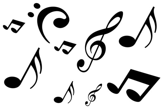 Conjunto de notas musicales y claves negras aisladas sobre fondo blanco, elementos de composici&oacute;n musical.