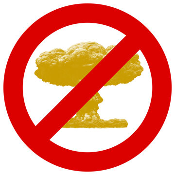 S&iacute;mbolo de prohibici&oacute;n rojo sobre silueta de hongo nuclear amarillo en fondo blanco.