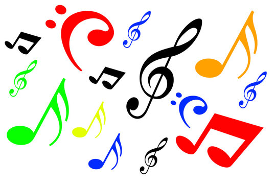 Conjunto de notas musicales de colores aisladas sobre fondo blanco, concepto de m&uacute;sica alegre y educaci&oacute;n infantil.