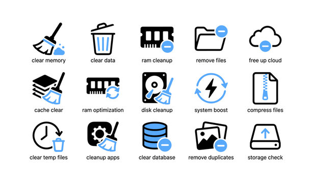 System cleanup and optimization icons displayed on white background