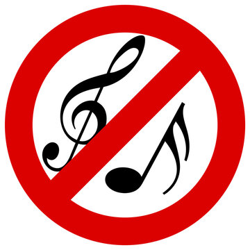 Se&ntilde;al de prohibido m&uacute;sica aislada, s&iacute;mbolo de prohibici&oacute;n con clave de sol y notas musicales sobre fondo transparento.
