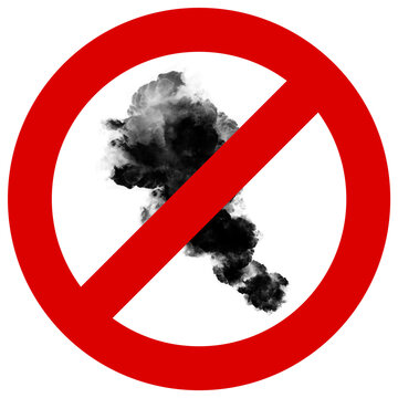 Se&ntilde;al de prohibido fumar o contaminar, s&iacute;mbolo de prohibici&oacute;n de humo negro sobre fondo transparente.