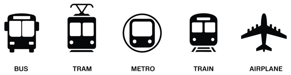 Air, Auto, Railway Transport Silhouette Icon Set, stop station sign for public transport glyph pictogram, car bus tram train metro plane ship icons in front view, isolated vector illustration for © MD REZAUL