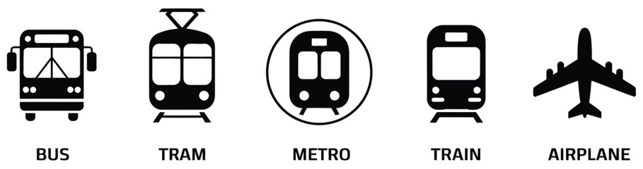 Air Auto Railway Transport Silhouette Icon Set, public transport stop station signage symbols, vehicle and transit icons including car bus train plane ship metro, clean isolated vector graphics for © MD REZAUL