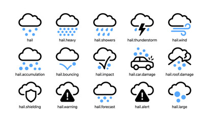 Fototapeta premium Hail weather icons showing various hail conditions on white background