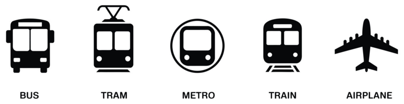 Air, Auto, Railway Transport Silhouette Icon Set, stop station sign for public transport glyph pictogram, car bus tram train metro plane ship icons in front view, isolated vector illustration for