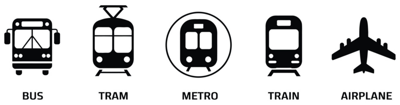 Air Auto Railway Transport Silhouette Icon Set, public transport stop station signage symbols, vehicle and transit icons including car bus train plane ship metro, clean isolated vector graphics for