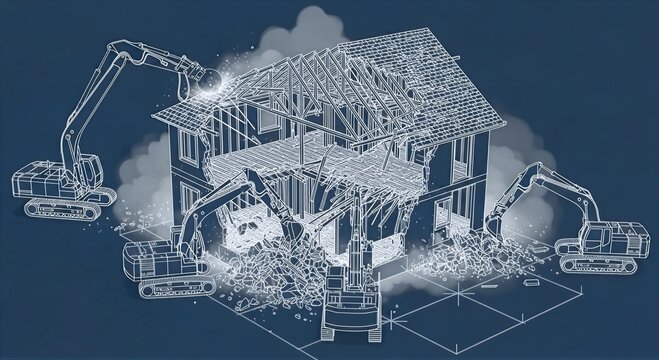 Excavator tearing down residential house structure. Building demolition process in technical blueprint style. Heavy machinery razing building construction site. Industrial renovation project.