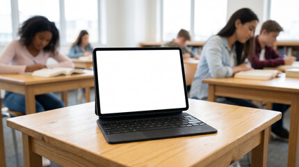 Fototapeta premium Blank tablet on library desk, education UI mockup.