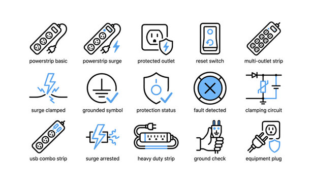 Powerstrip and surge protection icons showing safety features