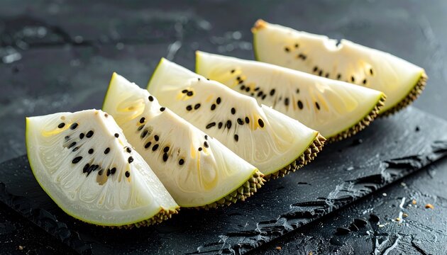 Juicy soursop slices arranged on a dark slate surface showcasing their fresh, white flesh and black seeds, a vibrant tropical fruit.