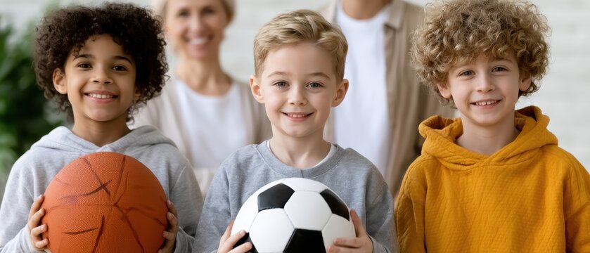 Diverse children standing together indoors, joyful friendship portrait, childhood happiness, community and inclusion concept.