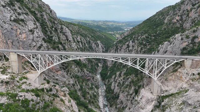 Aerial Drone View of Modern Ura e Vashes Bridge Over Mat River Albania