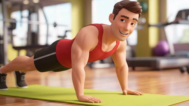 Animated man doing pushups on a yoga mat in a gym