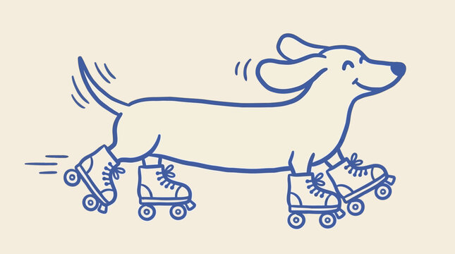 Playful dachshund puppy wearing retro roller skates in a charming naive doodle style, minimalist black and white line art vector illustration of a sausage dog enjoying outdoor leisure activity.