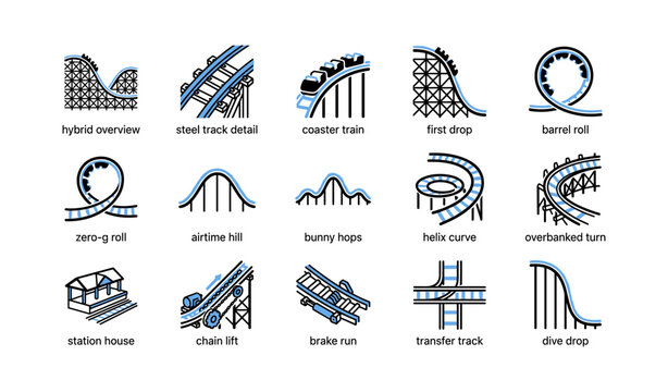 Roller coaster icons showing track elements and train on white