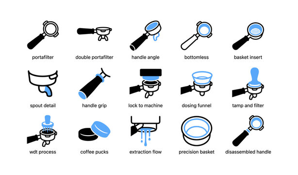 Portafilter parts and extraction workflow icons on white background