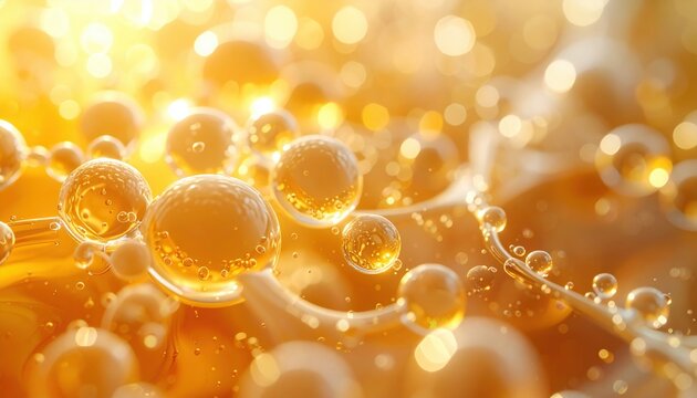 Microscopic View of Golden Yeast Cells in Bubbling Liquid