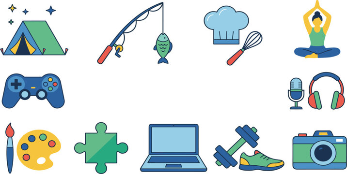 Hobby and Activity Icon Set Featuring Camping Tent Fishing Rod Cooking Yoga Gamepad Podcast Microphone Palette Puzzle Laptop Fitness Dumbbell and Camera Vector