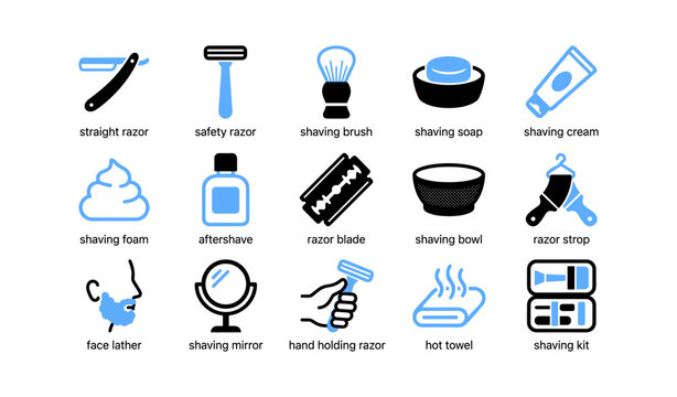 Shaving tools and products icons arranged on white background