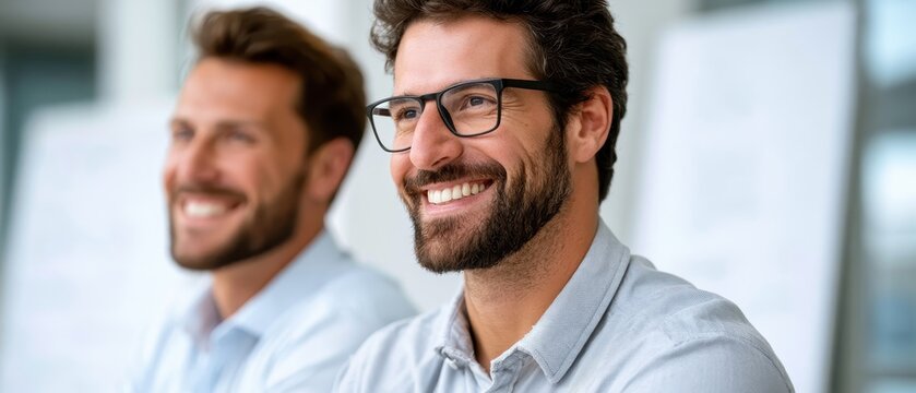 Happy business colleagues smiling together in office, professional teamwork, corporate success and positive workplace concept.