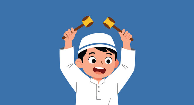 Excited young Muslim boy in white religious clothing and a skullcap raising two wooden drumsticks to celebrate.