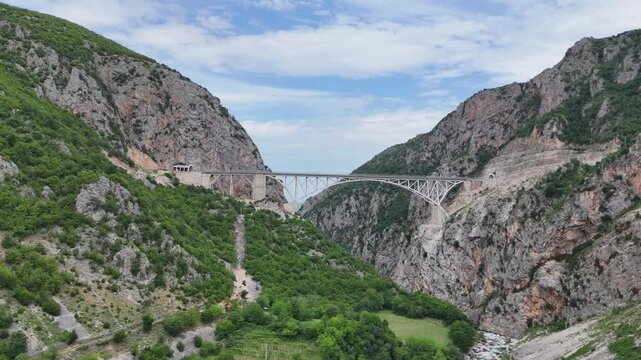 Aerial Drone View of Modern Ura e Vashes Bridge Over Mat River Albania