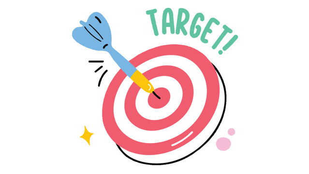 A colorful illustration of a target with a dart hitting the bullseye, surrounded by motion lines and sparkles on a white background.