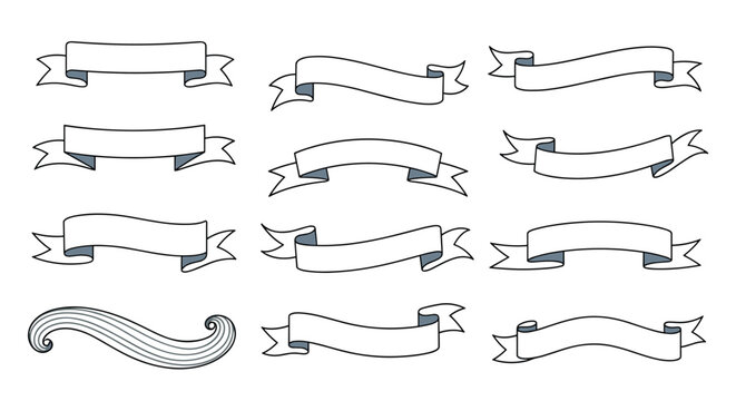 Set of twelve different blank white ribbon banners and scrolls with dark outlines for labels or decorative elements.