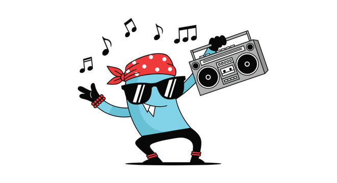 Cool blue monster character wearing a red bandana and sunglasses holds a boombox while dancing to music notes.