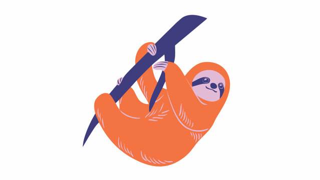 Illustration of a sloth hanging upside down from a branch with a white background and orange fur.