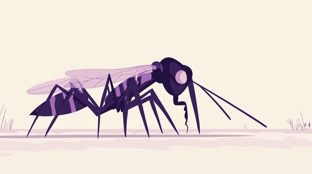 An abstract, purple insect with long angular legs crosses a pale desert plain