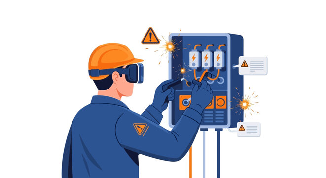 Electrician using VR headset for industrial training simulation and electrical panel maintenance