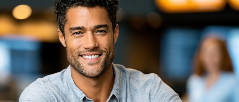 Smiling businessman portrait indoors, professional confidence, modern corporate lifestyle, leadership and career success concept.