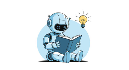 Fototapeta premium Small white robot sits on the floor reading a blue book with a glowing lightbulb idea icon above its electronic head.