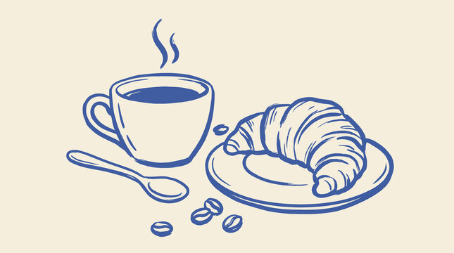Artistic blue brush line vector illustration of a morning breakfast featuring a fresh croissant and a cup of hot coffee in a simple sketch style on a clean background.