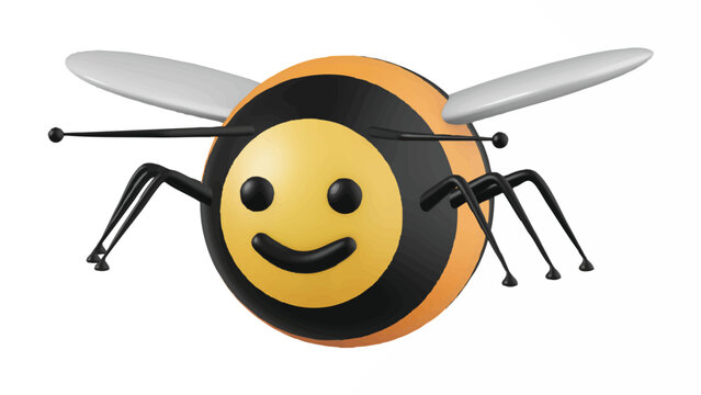 A cartoon bee with a smiley face on a white background, featuring black and yellow body with white wings.