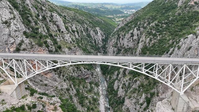 Aerial Drone View of Modern Ura e Vashes Bridge Over Mat River Albania