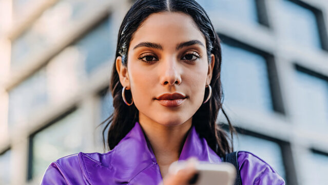 Portrait of a smiling young woman dress violet with a cheerful expression in a casual lifestyle setting holding smartphone modren building background.