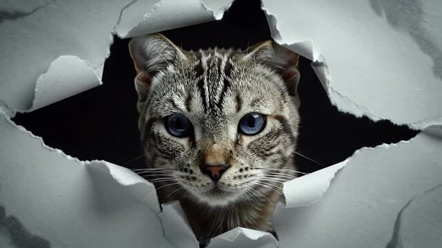 Curious Tabby Cat Peeking Through Jagged Torn Paper Hole with Dramatic Lighting