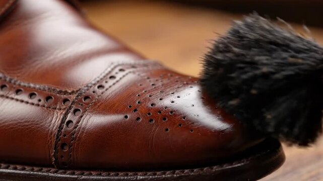 Close up of hand polishing brown leather brogue shoe with brush