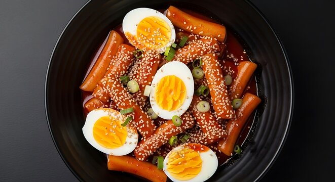 Spicy Korean Ramen with Soft Boiled Eggs and Sesame Seeds.