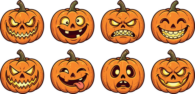 Spooky orange halloween pumpkin character icons bundle with diverse emotional expressions sticker sheet graphic design elements vector artwork
